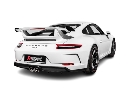 Offside rear view of a White Porsche 911 991.2 GT3 with an Akrapovič exhaust fitted & twin round tail pipes