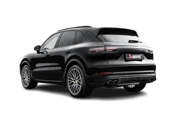 Nearside rear view of a Porsche Cayenne 536 in black with an Akrapovič exhaust, with twin double round tail pipes fitted