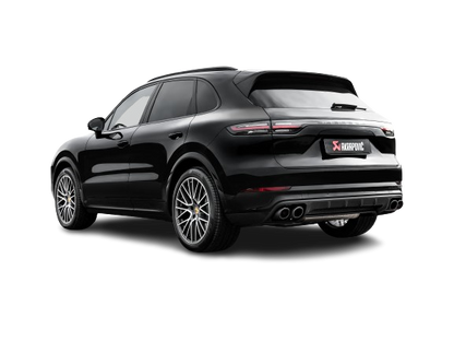 Nearside rear view of a Porsche Cayenne 536 in black with an Akrapovič exhaust, with twin double round tail pipes fitted