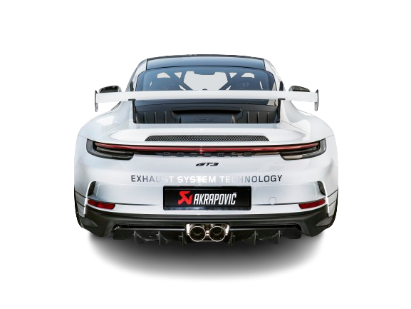 Rear view of a Porsche 911 992 GT3 in white with black trim and an Akrapovič Titanium twin pipe exhaust fitted