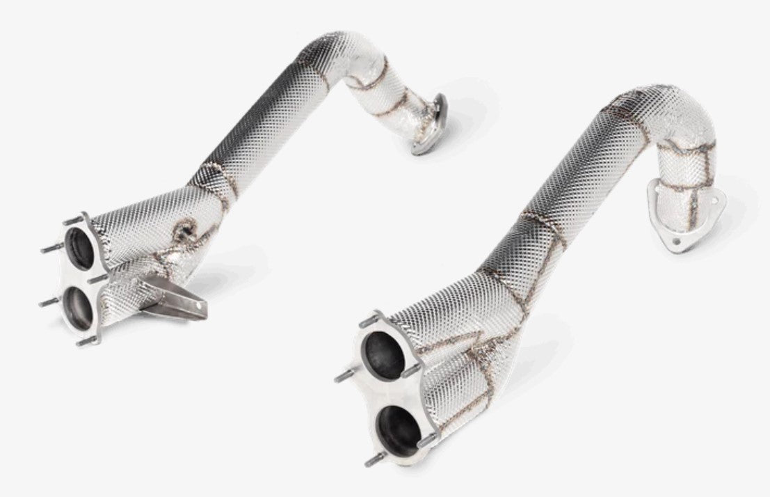 Side view of a pair of insulated Akrapovič over axle link pipes in Titanium
