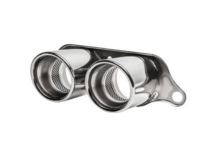 Front view of an Akrapovič Titanium double round tailpipe