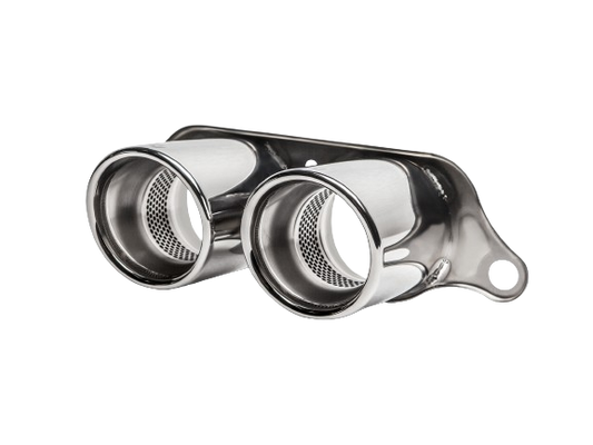 Front view of an Akrapovič Titanium double round tailpipe