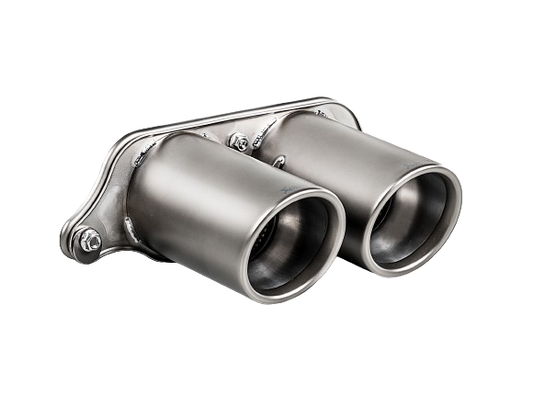 Close up front view of an Akrapovič double round Titanium tail pipe set