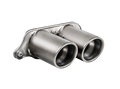 Close up view of an Akrapovič double round Titanium exhaust tail pipe set