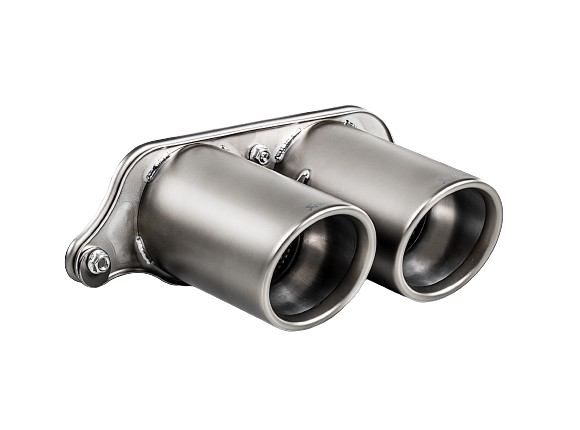 Close up view of an Akrapovič double round Titanium exhaust tail pipe set