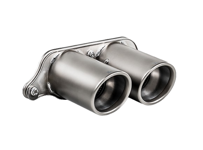 Close up view of an Akrapovič double round Titanium exhaust tail pipe set
