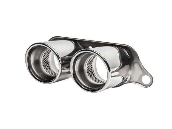 Close up view of an Akrapovič double round high grade Titanium tail pipe set