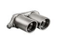Close up view of an Akrapovič double round Titanium exhaust tail pipe set