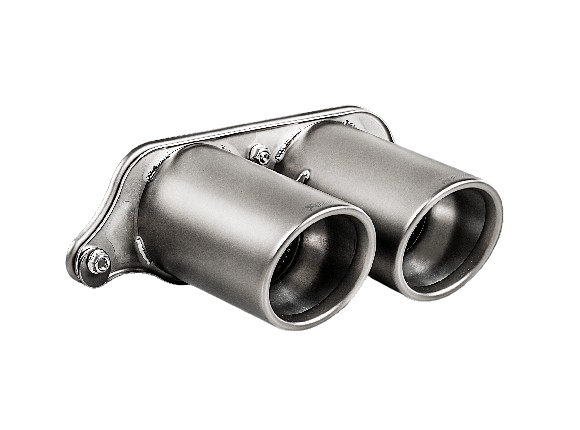 Close up view of an Akrapovič double round Titanium exhaust tail pipe set