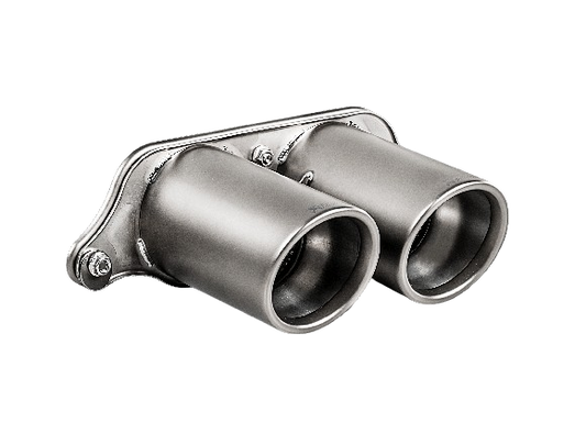 Close up view of an Akrapovič double round Titanium exhaust tail pipe set