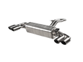 Front view of an Akrapovic Titanium Evolution Line exhaust with twin double round tail pipes with a Titanium finish