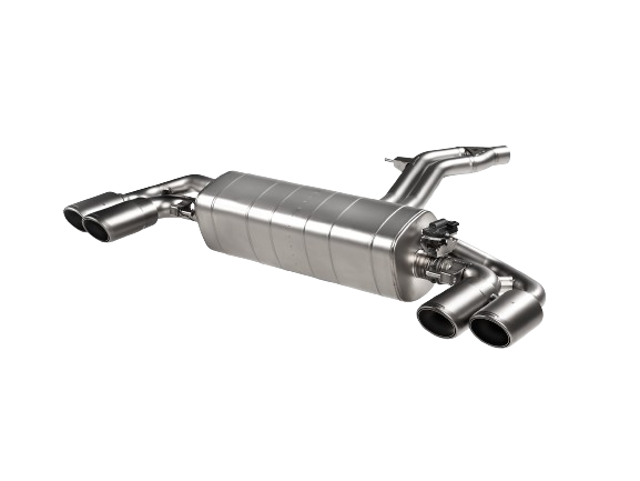 Front view of an Akrapovic Titanium Evolution Line exhaust with twin double round tail pipes with a Titanium finish