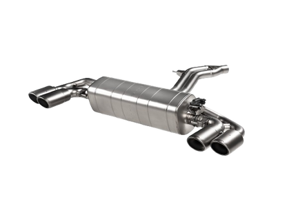 Front view of an Akrapovic Titanium Evolution Line exhaust with twin double round tail pipes with a Titanium finish