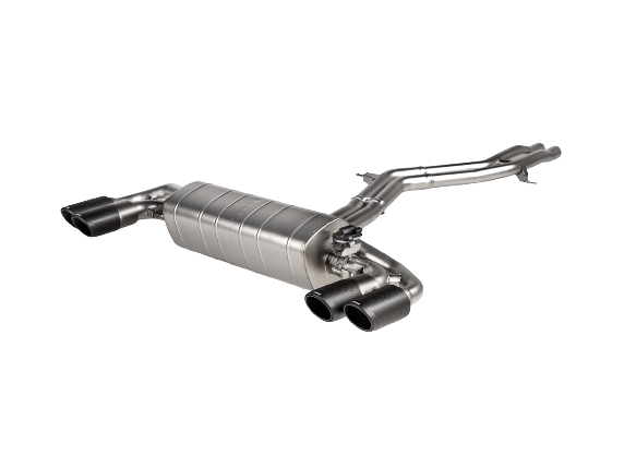 Front view of an Akrapovic Titanium Evolution Line exhaust with twin double round tail pipes with a Carbon finish