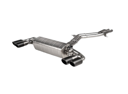 Front view of an Akrapovic Titanium Evolution Line exhaust with twin double round tail pipes with a Carbon finish