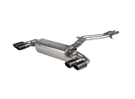 Front view of an Akrapovic Titanium Evolution Line exhaust with twin double round tail pipes with a Carbon finish