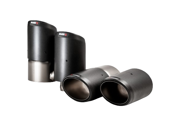 A pair of Akrapovič twin double round tail pipes with a carbon fibre finish