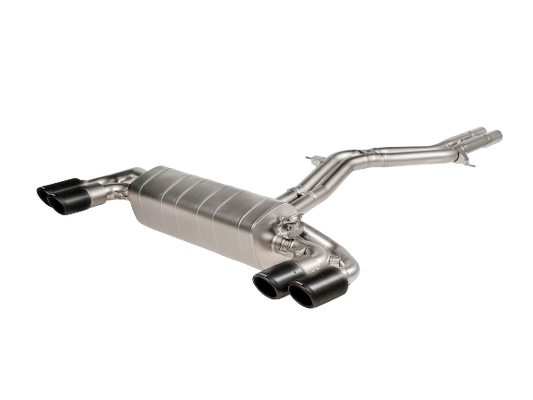 Side of view of an Akrapovic Titanium Exhaust Evolution-Line with Carbon tail pipes