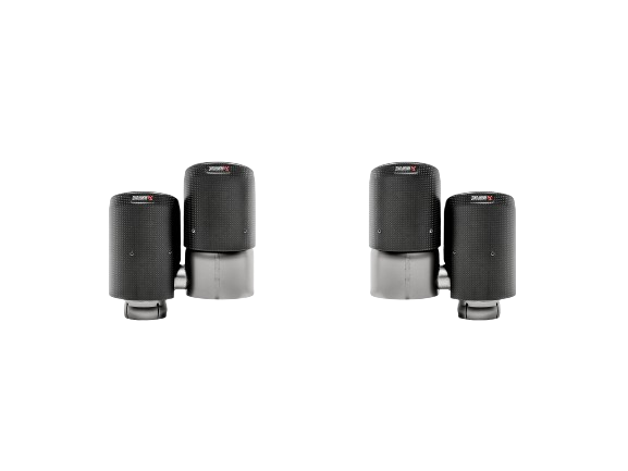 A pair of Akrapovič twin double round tail pipes with a carbon fibre finish