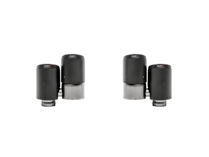 A pair of Akrapovič twin double round tail pipes with a carbon fibre finish
