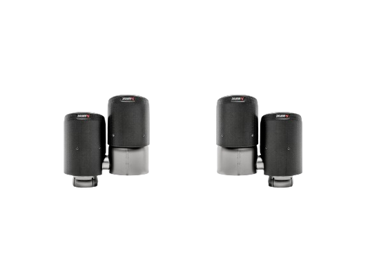 A pair of Akrapovič twin double round tail pipes with a carbon fibre finish