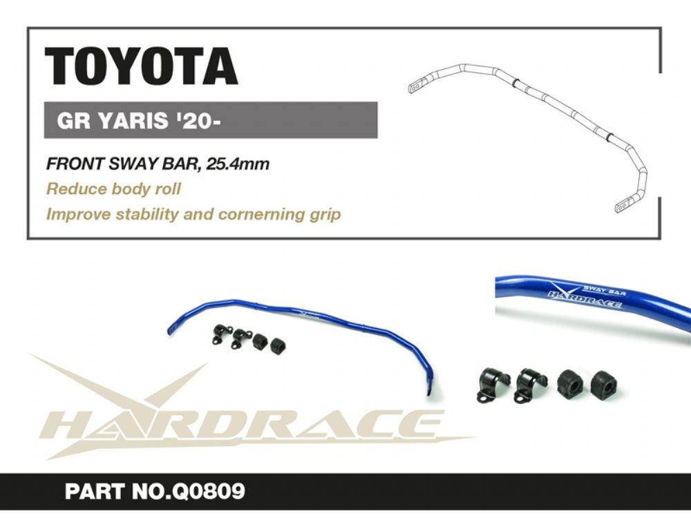 View of literature showing images of a blue, Hardrace sway bar, fittings, description, fitment details & dimensions