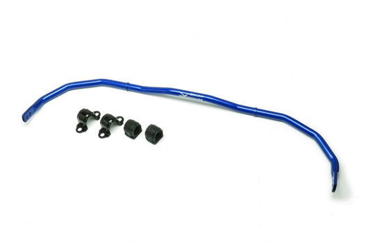 Aerial view of a blue hardrace front anti roll bar with 2 fitting brackets & 2 bushes