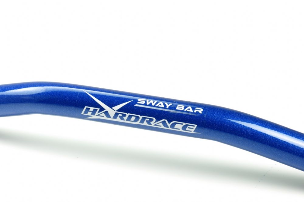 Close up view of a blue hardrace sway bar with Hardrace & sway bar etched on