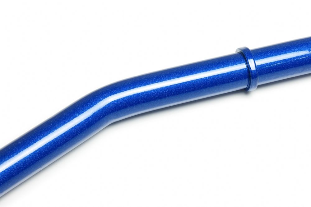 Close up view of a blue hardrace sway bar