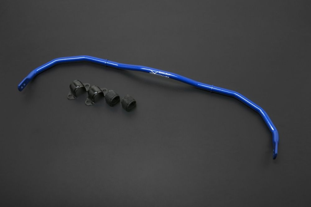 Aerial view of a blue hardrace sway bar with 2 clamps & 2 bushes