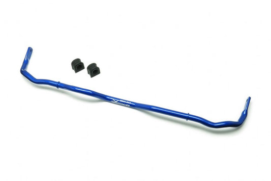 Aerial view of a blue hardrace rear anti roll bar with 2 bushes