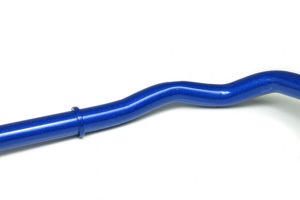 Close up view of part of a blue hardrace rear anti roll bar