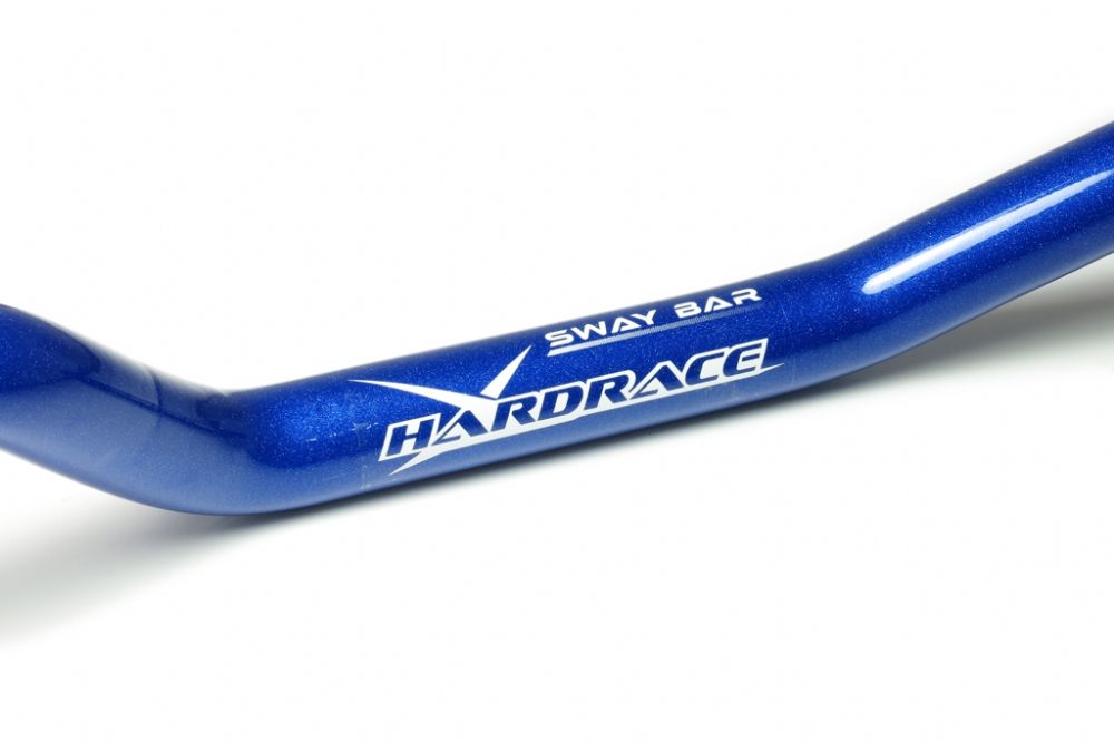 Close up view of part of a blue hardrace rear anti roll bar with Hardrace & Sway Bar written on it