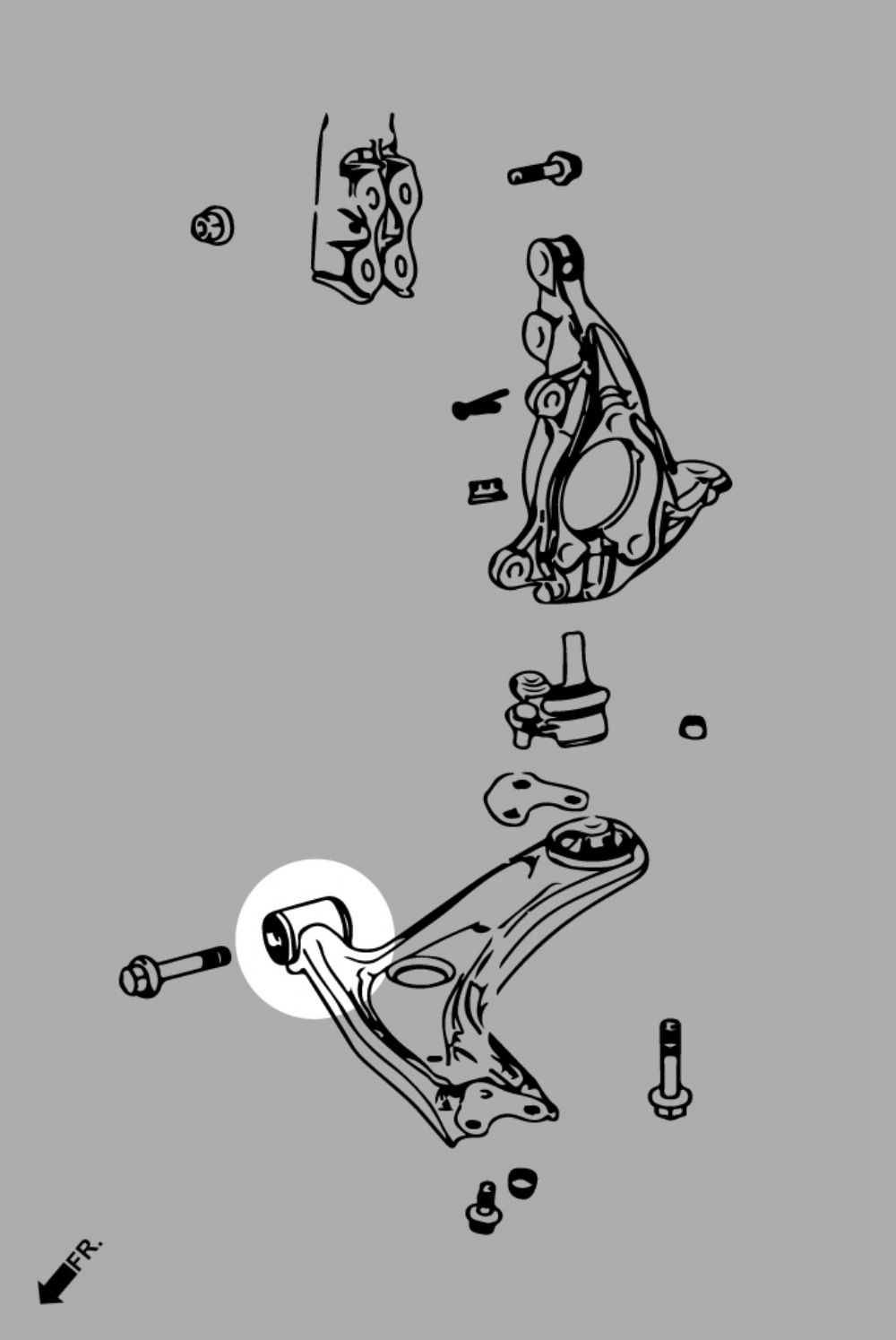 An image of a line diagram of the front suspension showing the position of the bushes