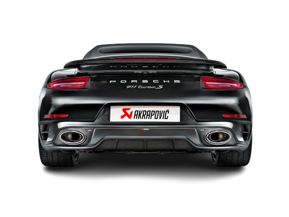 Rear view of a Black Porsche 911 991.1 Turbo S with an Akrapovič Titanium rear silencer with twin oval, carbon fibre tail pipes & diffuser fitted