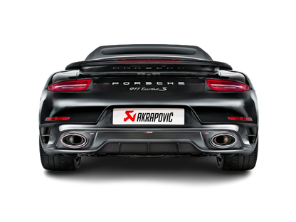 Rear view of a Black Porsche 911 991.1 Turbo S with an Akrapovič Titanium rear silencer with twin oval, carbon fibre tail pipes & diffuser fitted