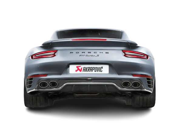 Rear view of a Grey Porsche 911 991.2 Turbo S with an Akrapovič Titanium exhaust with Quadruple Tail pipes & rear diffuser fitted