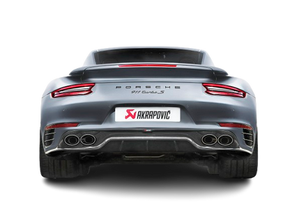 Rear view of a Grey Porsche 911 991.2 Turbo S with an Akrapovič Titanium exhaust with Quadruple Tail pipes & rear diffuser fitted