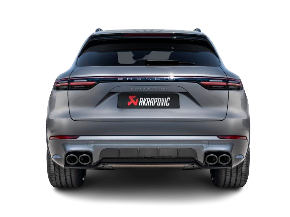 Rear view of a Porsche Cayenne Turbo in silver/white with an Akrapovič Titanium twin, double round carbon fibre tail pipe fitted.