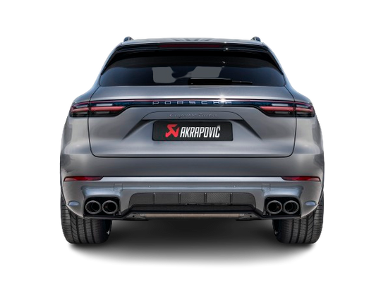 Rear view of a Porsche Cayenne Turbo in silver/white with an Akrapovič Titanium twin, double round carbon fibre tail pipe fitted.