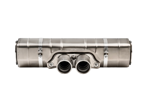 Rear view of an Akrapovic Titanium Slip on System exhaust silencer with twin round tail pipes