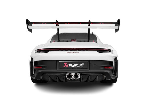 Rear view of a Porsche 911 992 GT3 RS with Red & Black trim, large rear spoiler & an Akrapovič titanium, twin pipe exhaust fitted