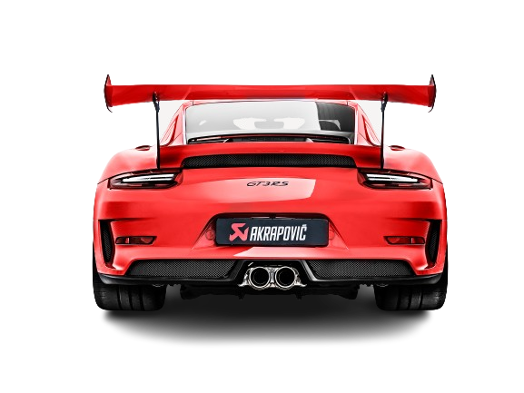 Rear view of a Red Porsche 911 GT3 RS 991.2  with rear spoiler & an Akrapovič exhaust with twin round tail pipes fitted