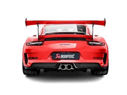 Rear view of a Red Porsche 911 GT3 RS 991.2  with rear spoiler & an Akrapovič exhaust with twin round tail pipes fitted