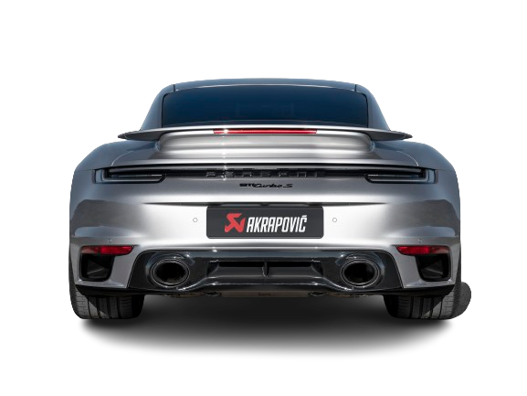 Rear view of a Silver Porsche 911 Turbo 992 with an Akrapovič tail pipe set fitted