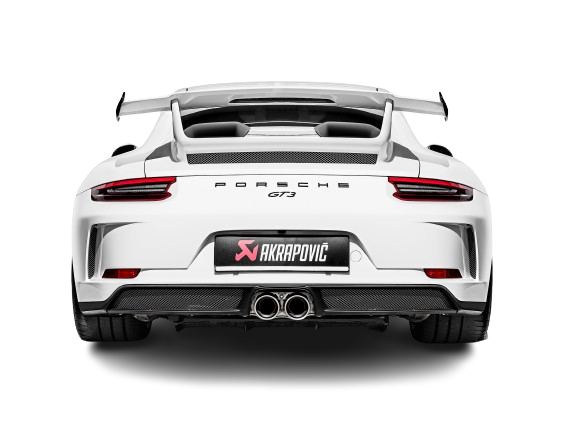 Rear view of a White Porsche 911 991.2 GT3 with an Akrapovič exhaust fitted & twin round tail pipes