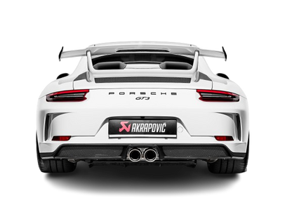 Rear view of a White Porsche 911 991.2 GT3 with an Akrapovič exhaust fitted & twin round tail pipes