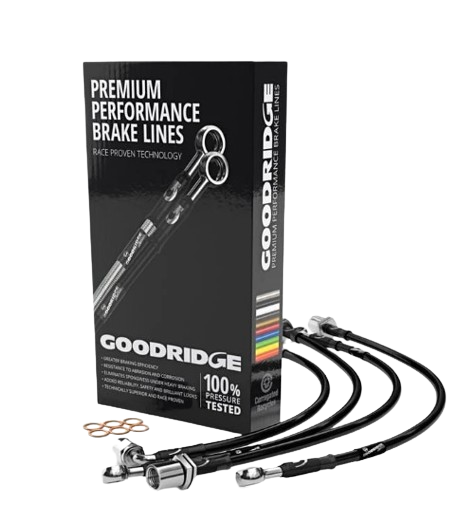 Four premium performance black braided brake lines with stainless steel fittings & the box they are packaged in