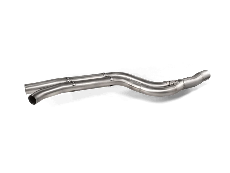 An aerial side view of an Akrapovič stainless steel evolution link pipe set with twin pipes going into a single